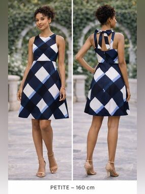 Ann Taylor Navy, White and Light Blue Check Tie-Back A-Line Mini Dress
